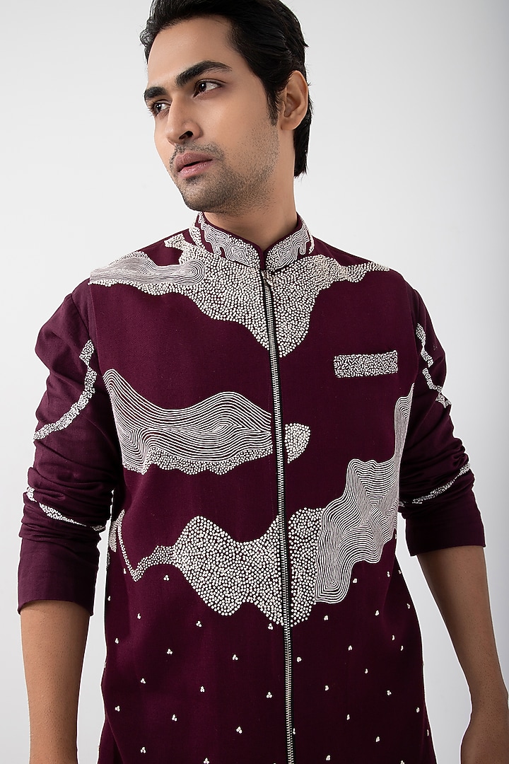 Maroon Cotton Khadi Bead & Knotted Hand Embroidered Nehru Jacket by Smriti by Anju Agarwal Men at Pernia's Pop Up Shop
