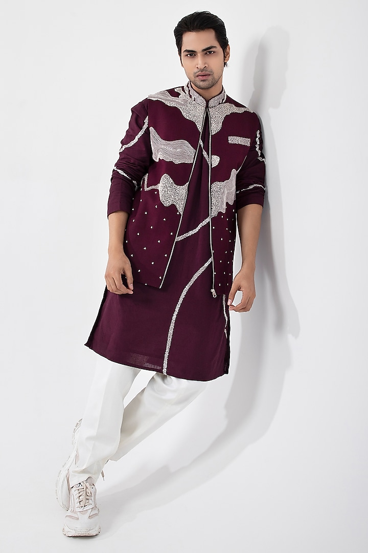 Maroon Cotton Khadi Bead & Knotted Hand Embroidered Nehru Jacket Set by Smriti By Anju Agarwal Men at Pernia's Pop Up Shop