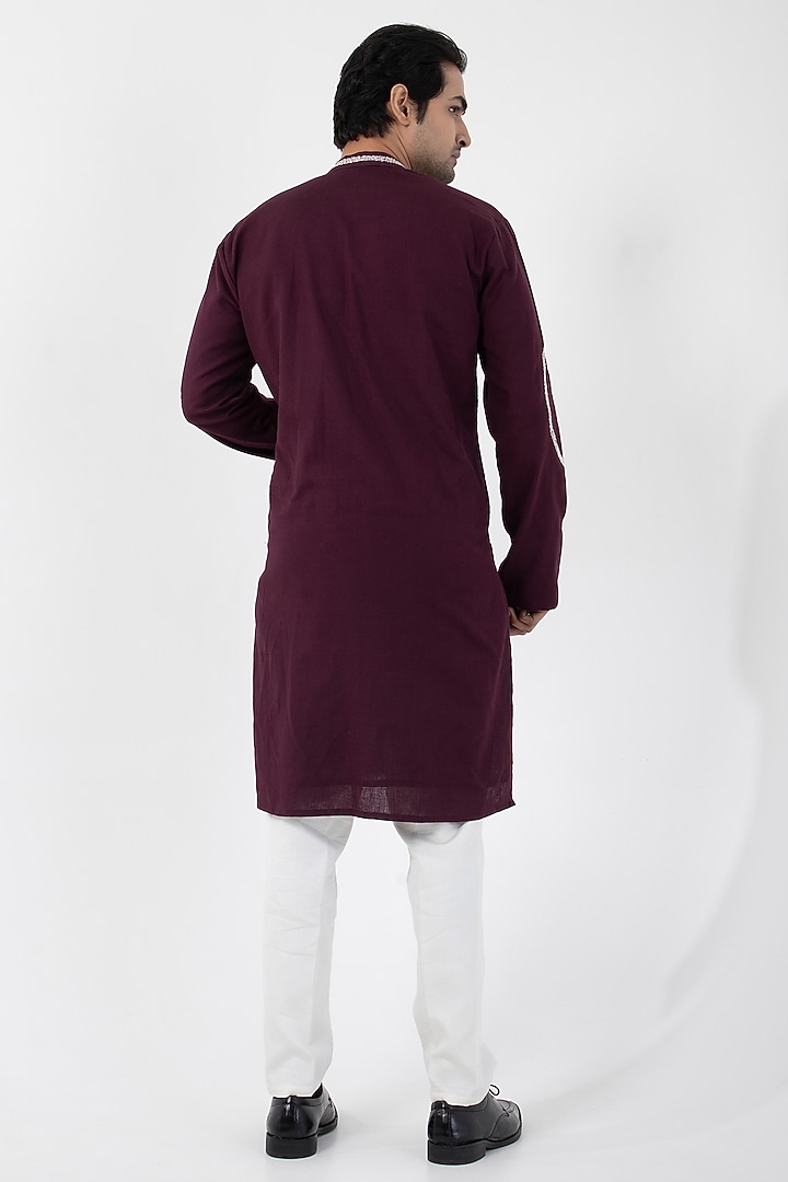 Maroon Cotton Khadi Bead & Knotted Hand Embroidered Nehru Jacket Set by Smriti by Anju Agarwal Men at Pernia's Pop Up Shop