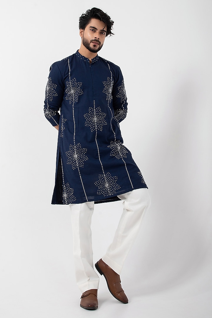 Dark Blue Cotton Khadi Knot Hand Embroidered Kurta Set by Smriti By Anju Agarwal Men at Pernia's Pop Up Shop