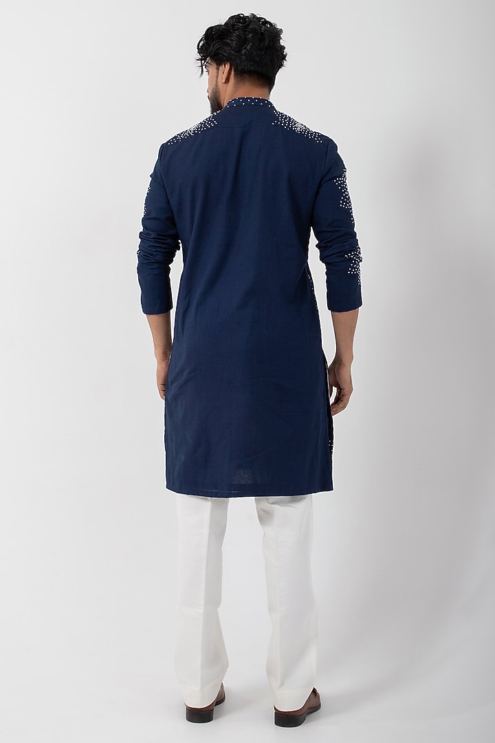 Dark Blue Cotton Khadi Knot Hand Embroidered Kurta Set by Smriti by Anju Agarwal Men at Pernia's Pop Up Shop