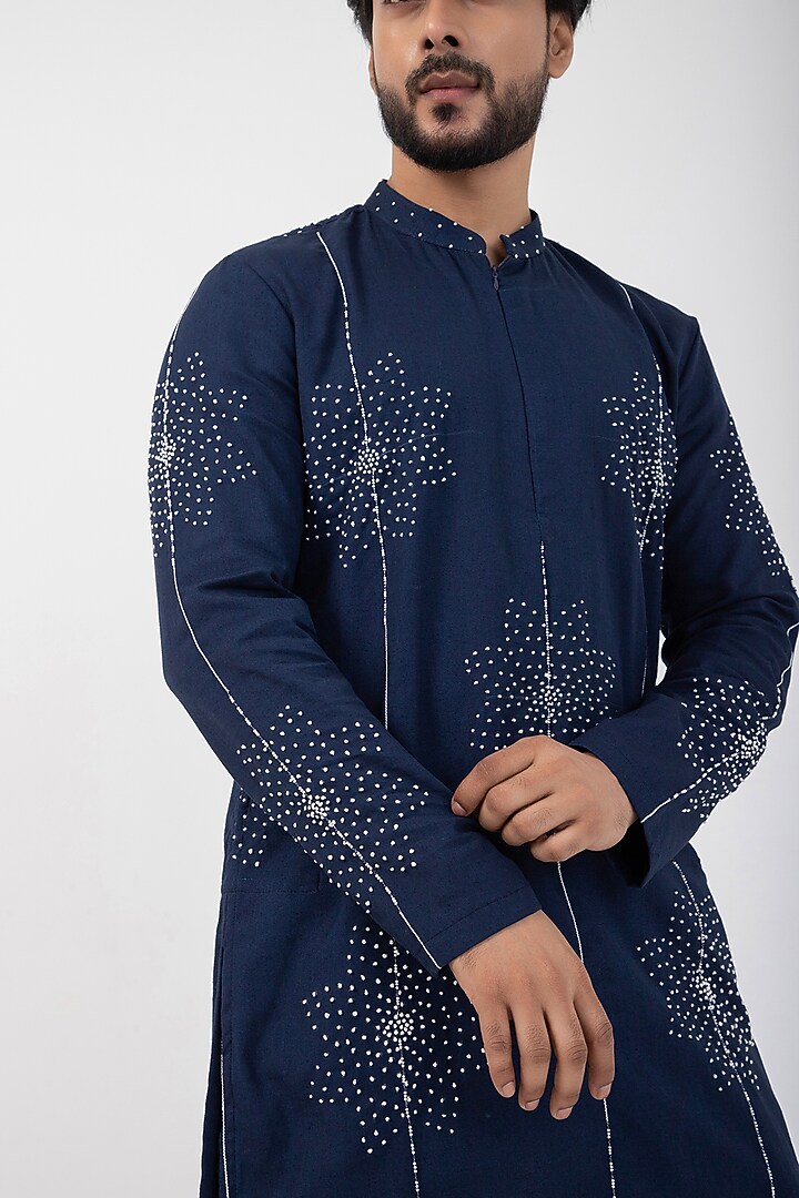Dark Blue Cotton Khadi Knot Hand Embroidered Kurta Set by Smriti by Anju Agarwal Men at Pernia's Pop Up Shop