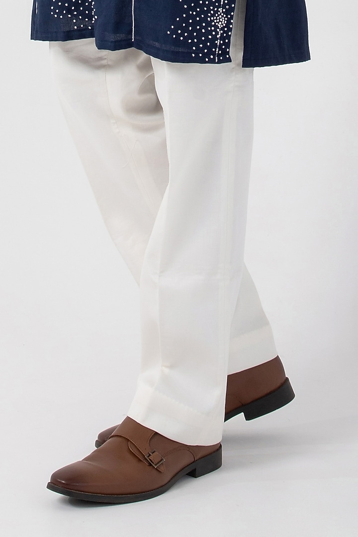 Dark Blue Cotton Khadi Knot Hand Embroidered Kurta Set by Smriti by Anju Agarwal Men at Pernia's Pop Up Shop