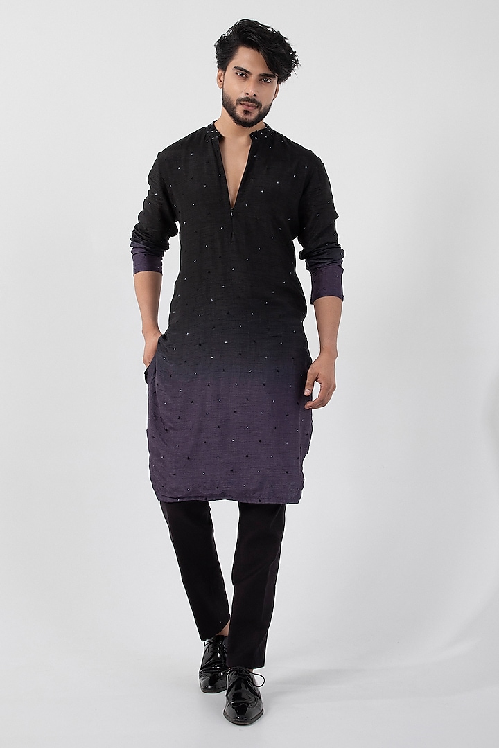 Black & Grey Ombre Silk Mulmul Bead Hand Embroidered Kurta Set by Smriti By Anju Agarwal Men at Pernia's Pop Up Shop