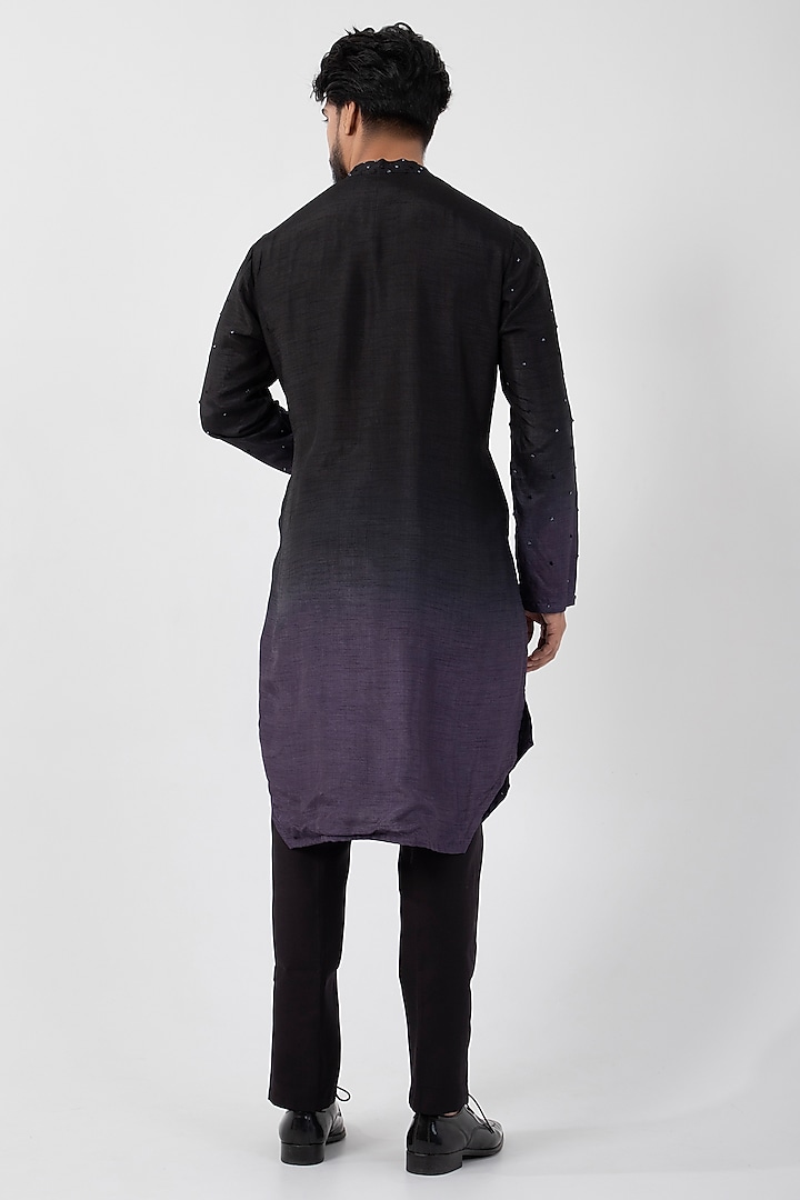 Black & Grey Ombre Silk Mulmul Bead Hand Embroidered Kurta Set by Smriti by Anju Agarwal Men at Pernia's Pop Up Shop