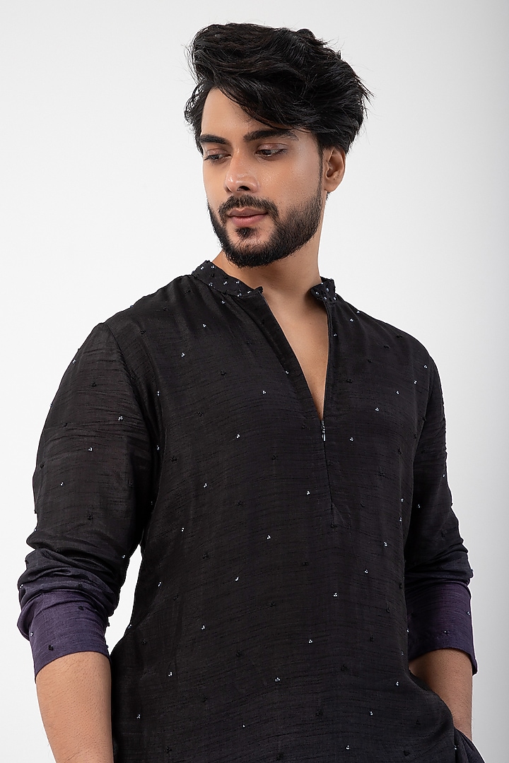 Black & Grey Ombre Silk Mulmul Bead Hand Embroidered Kurta Set by Smriti by Anju Agarwal Men at Pernia's Pop Up Shop