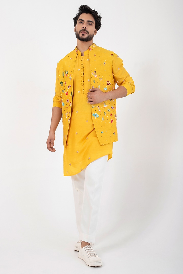 Yellow Silk Multi-Colored Embroidered Nehru Jacket by Smriti By Anju Agarwal Men at Pernia's Pop Up Shop