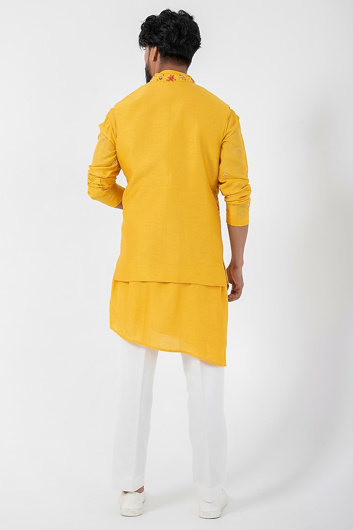 Yellow Silk Multi-Colored Embroidered Nehru Jacket by Smriti by Anju Agarwal Men at Pernia's Pop Up Shop