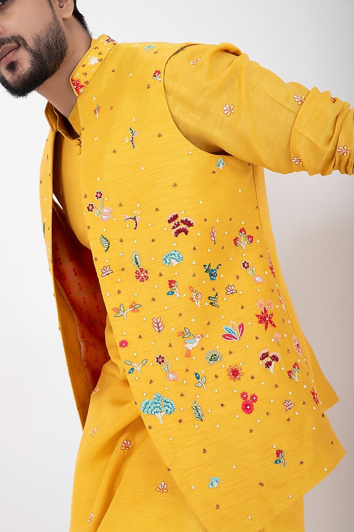 Yellow Silk Multi-Colored Embroidered Nehru Jacket by Smriti by Anju Agarwal Men at Pernia's Pop Up Shop