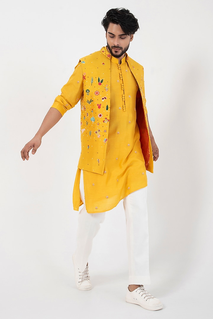 Yellow Silk Multi-Colored Embroidered Nehru Jacket Set by Smriti By Anju Agarwal Men at Pernia's Pop Up Shop