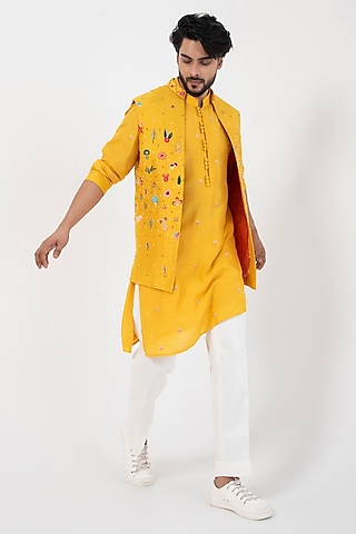 Yellow Silk Multi-Colored Embroidered Nehru Jacket Set by Smriti by Anju Agarwal Men