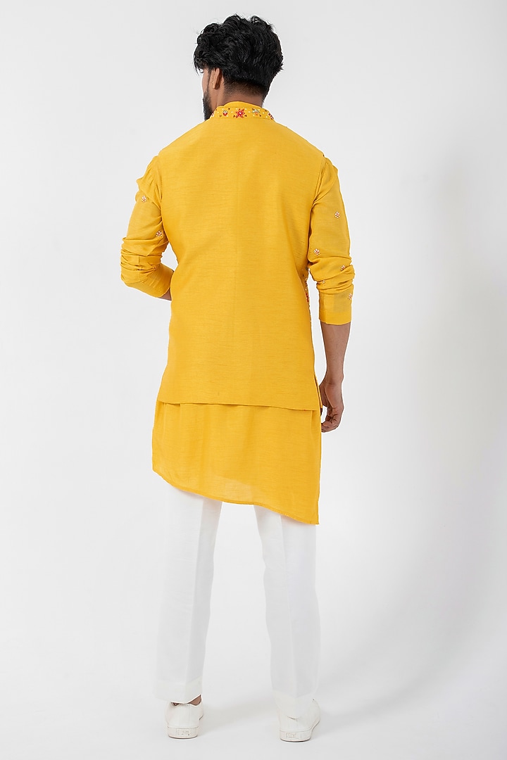 Yellow Silk Multi-Colored Embroidered Nehru Jacket Set by Smriti by Anju Agarwal Men at Pernia's Pop Up Shop