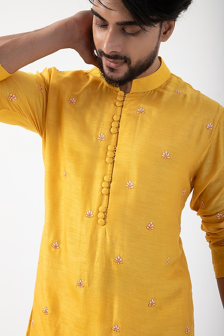 Yellow Silk Multi-Colored Embroidered Nehru Jacket Set by Smriti by Anju Agarwal Men at Pernia's Pop Up Shop