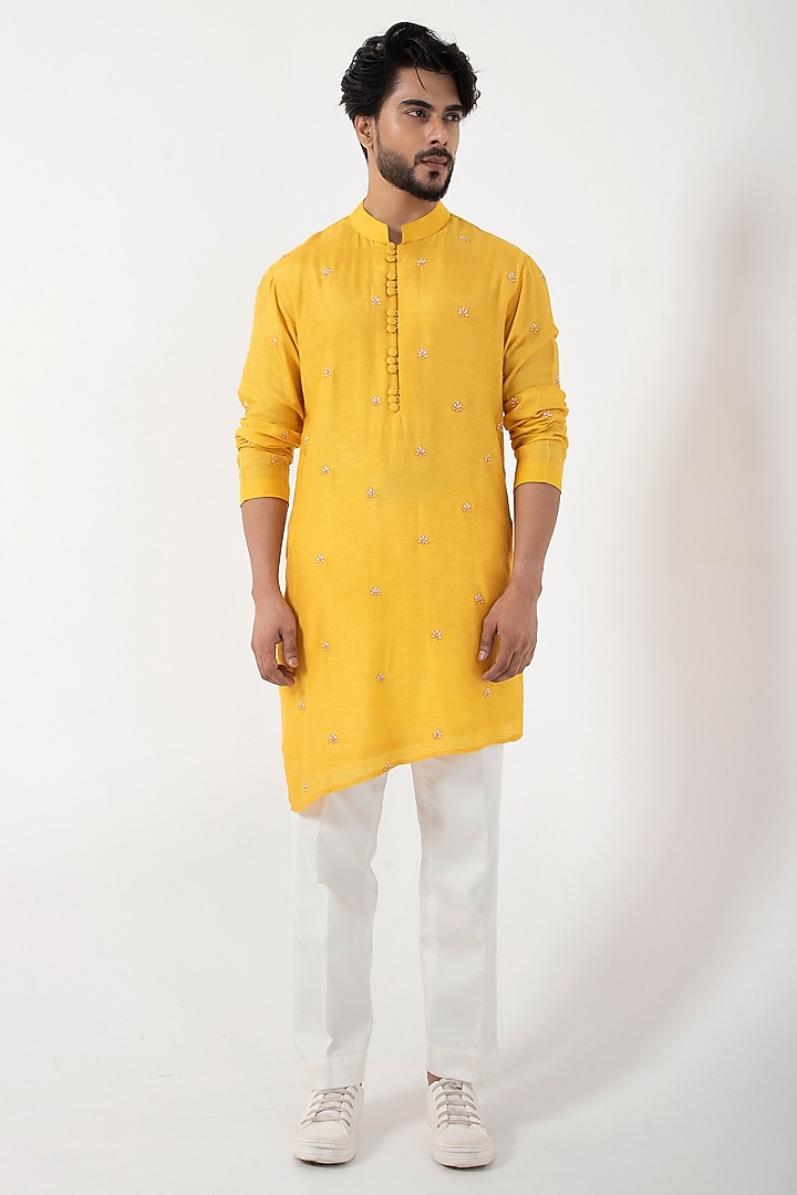 Yellow Silk Multi-Colored Embroidered Nehru Jacket Set by Smriti by Anju Agarwal Men at Pernia's Pop Up Shop