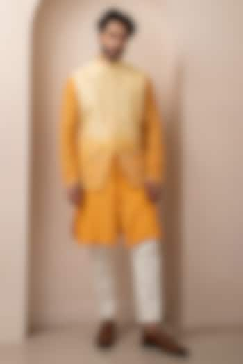 Dark Yellow Ombre Chanderi Hand & Machine Embroidered Nehru Jacket by Smriti By Anju Agarwal Men