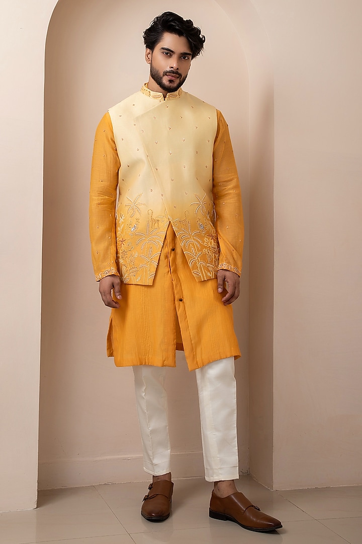 Dark Yellow Ombre Chanderi Hand & Machine Embroidered Nehru Jacket by Smriti By Anju Agarwal Men