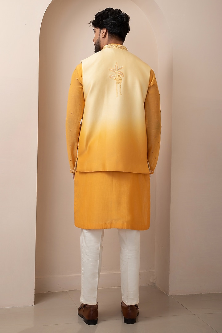 Dark Yellow Ombre Chanderi Hand & Machine Embroidered Nehru Jacket by Smriti by Anju Agarwal Men at Pernia's Pop Up Shop