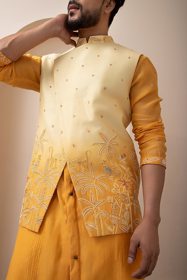 Dark Yellow Ombre Chanderi Hand & Machine Embroidered Nehru Jacket by Smriti by Anju Agarwal Men at Pernia's Pop Up Shop