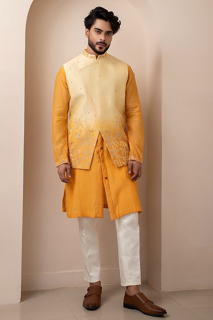 Dark Yellow Ombre Chanderi Embroidered Nehru Jacket Set by Smriti By Anju Agarwal Men