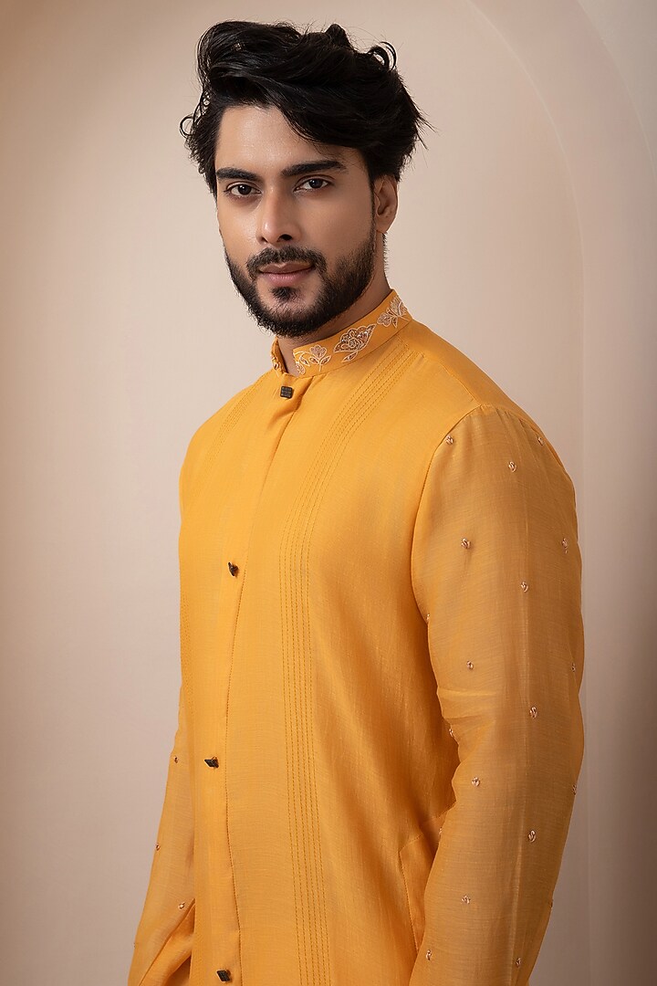 Dark Yellow Ombre Chanderi Embroidered Nehru Jacket Set by Smriti by Anju Agarwal Men at Pernia's Pop Up Shop