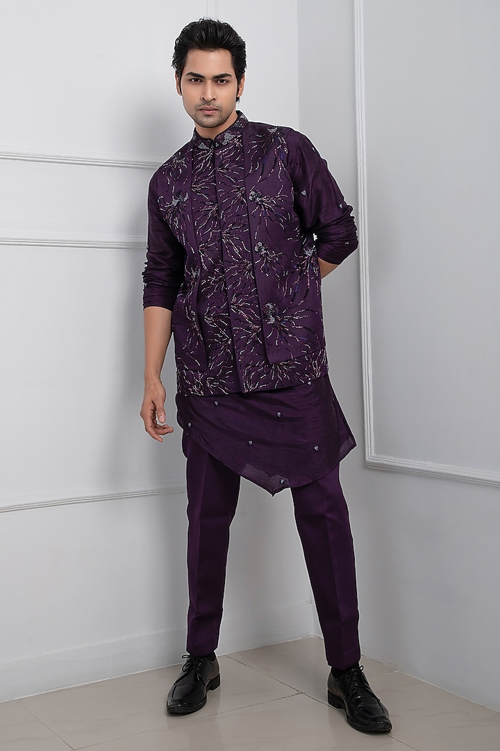 Purple Linen Satin Hand Embroidered Nehru Jacket by Smriti By Anju Agarwal Men