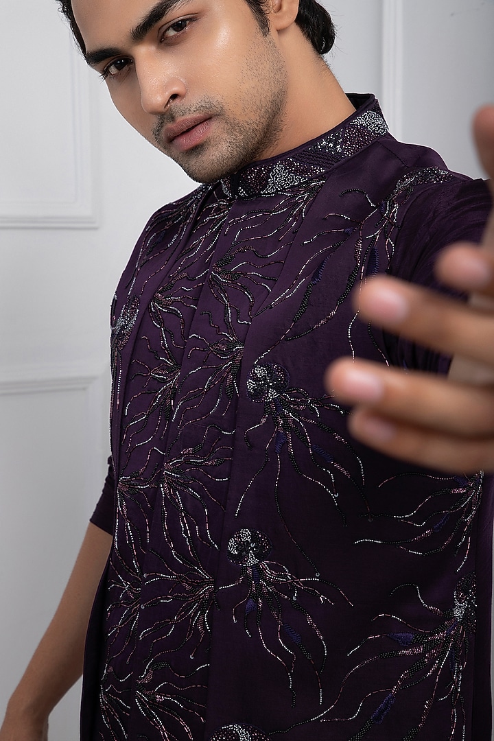 Purple Linen Satin Hand Embroidered Nehru Jacket by Smriti by Anju Agarwal Men at Pernia's Pop Up Shop