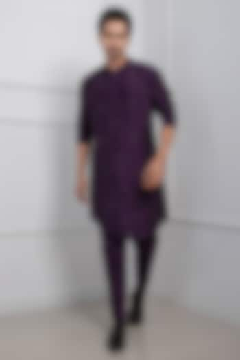 Dark Purple Silk Mulmul Bead Embroidered Kurta Set by Smriti By Anju Agarwal Men