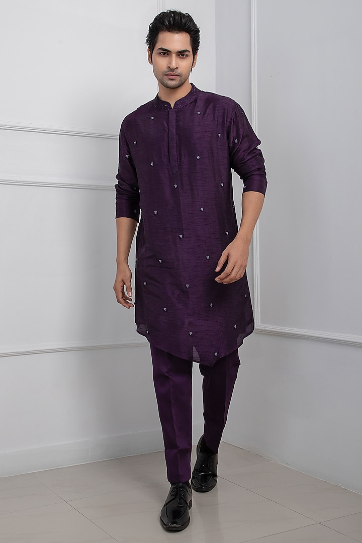 Dark Purple Silk Mulmul Bead Embroidered Kurta Set by Smriti By Anju Agarwal Men