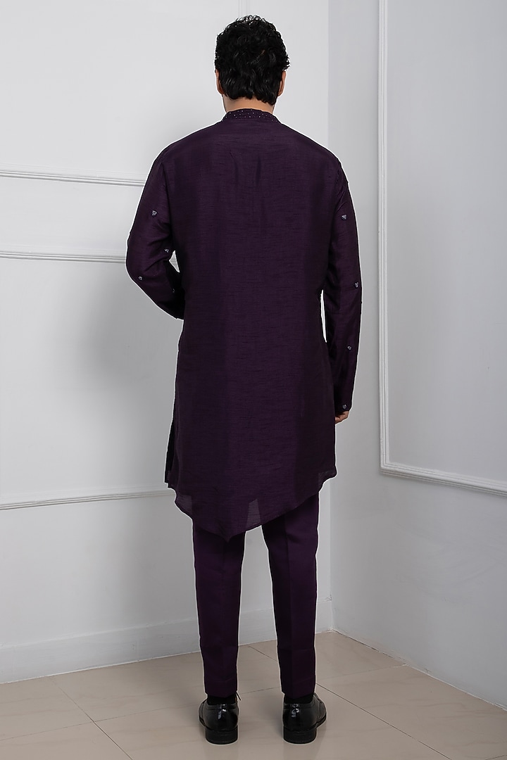 Dark Purple Silk Mulmul Bead Embroidered Kurta Set by Smriti by Anju Agarwal Men at Pernia's Pop Up Shop