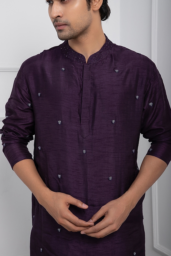 Dark Purple Silk Mulmul Bead Embroidered Kurta Set by Smriti by Anju Agarwal Men at Pernia's Pop Up Shop
