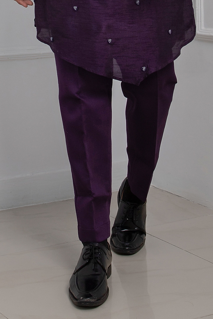 Dark Purple Silk Mulmul Bead Embroidered Kurta Set by Smriti by Anju Agarwal Men at Pernia's Pop Up Shop