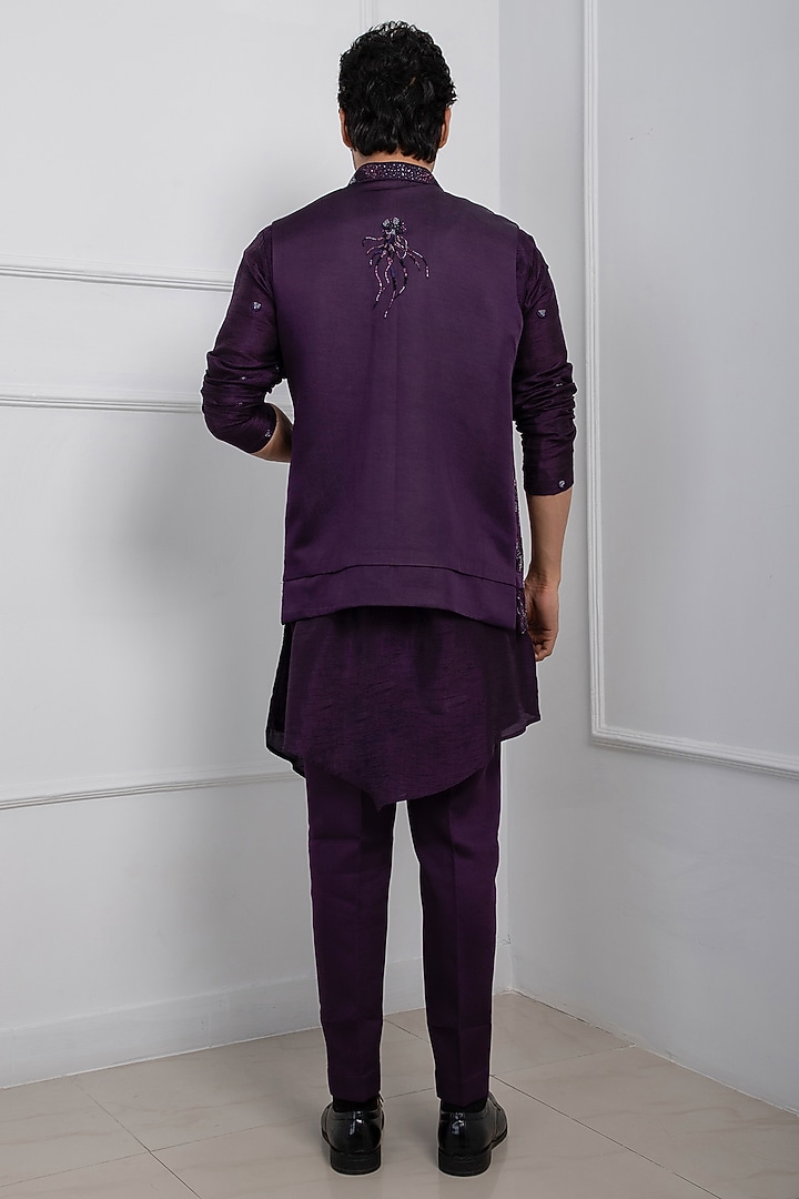 Purple Linen Satin Hand Embroidered Nehru Jacket Set by Smriti by Anju Agarwal Men at Pernia's Pop Up Shop