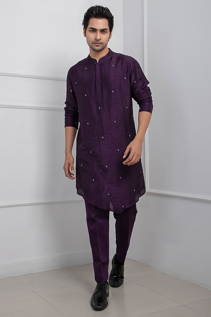 Purple Linen Satin Hand Embroidered Nehru Jacket Set by Smriti by Anju Agarwal Men at Pernia's Pop Up Shop