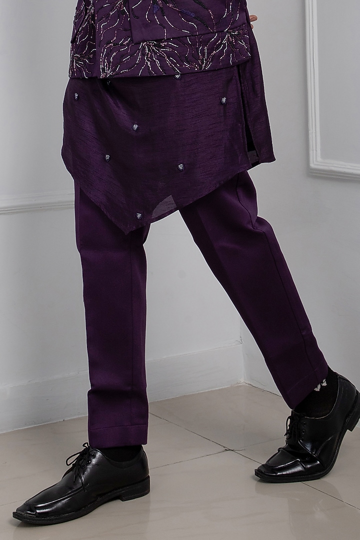 Purple Linen Satin Hand Embroidered Nehru Jacket Set by Smriti by Anju Agarwal Men at Pernia's Pop Up Shop