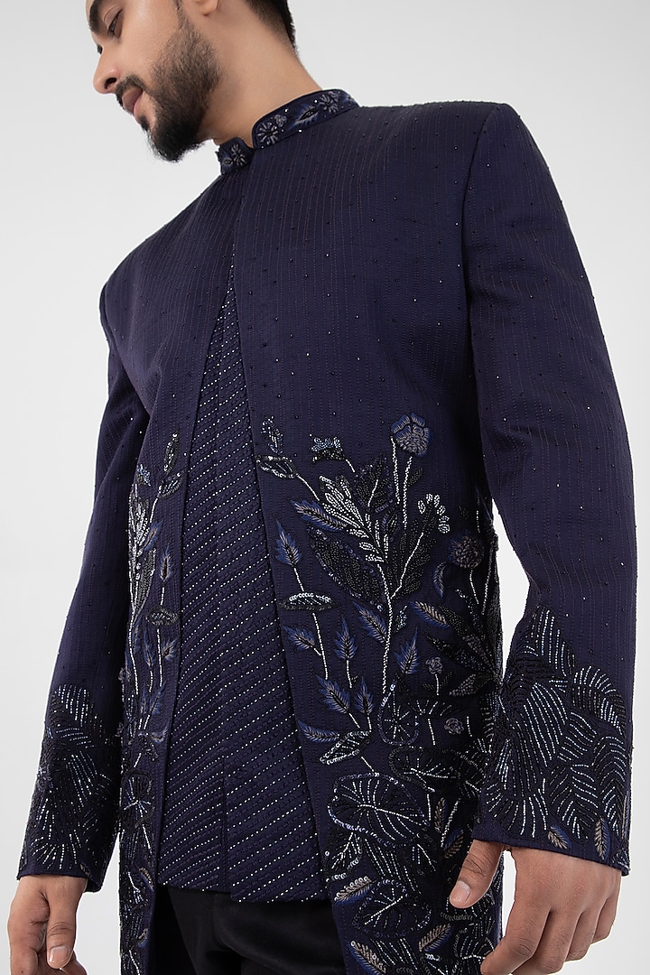 Navy Blue Linen Satin Hand & Machine Embroidered Wedding Bandhgala Set by Smriti by Anju Agarwal Men at Pernia's Pop Up Shop