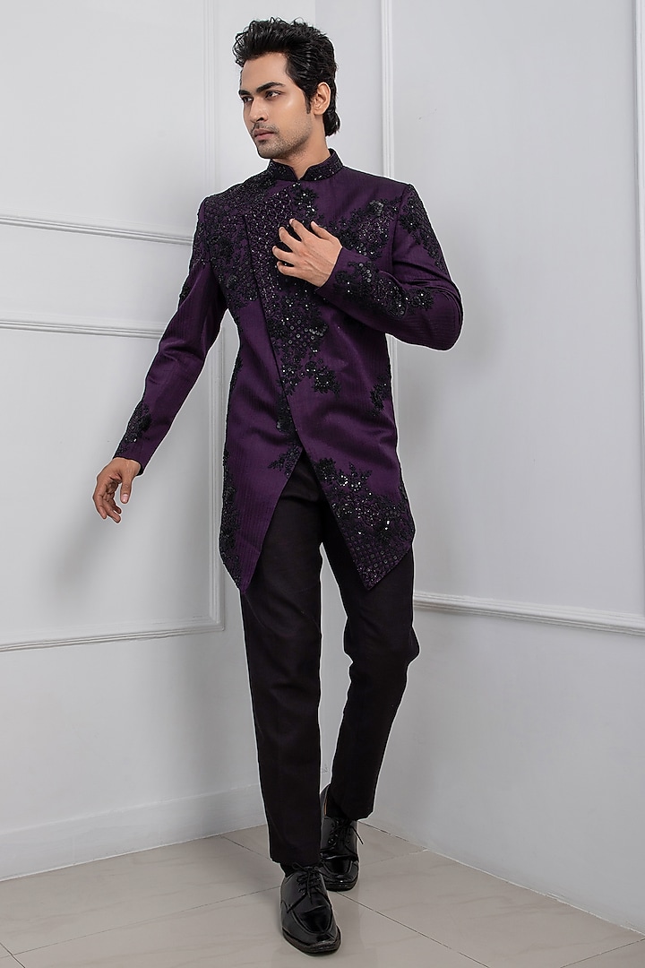 Violet Linen Satin Sequins Embroidered Bandhgala Set by Smriti By Anju Agarwal Men