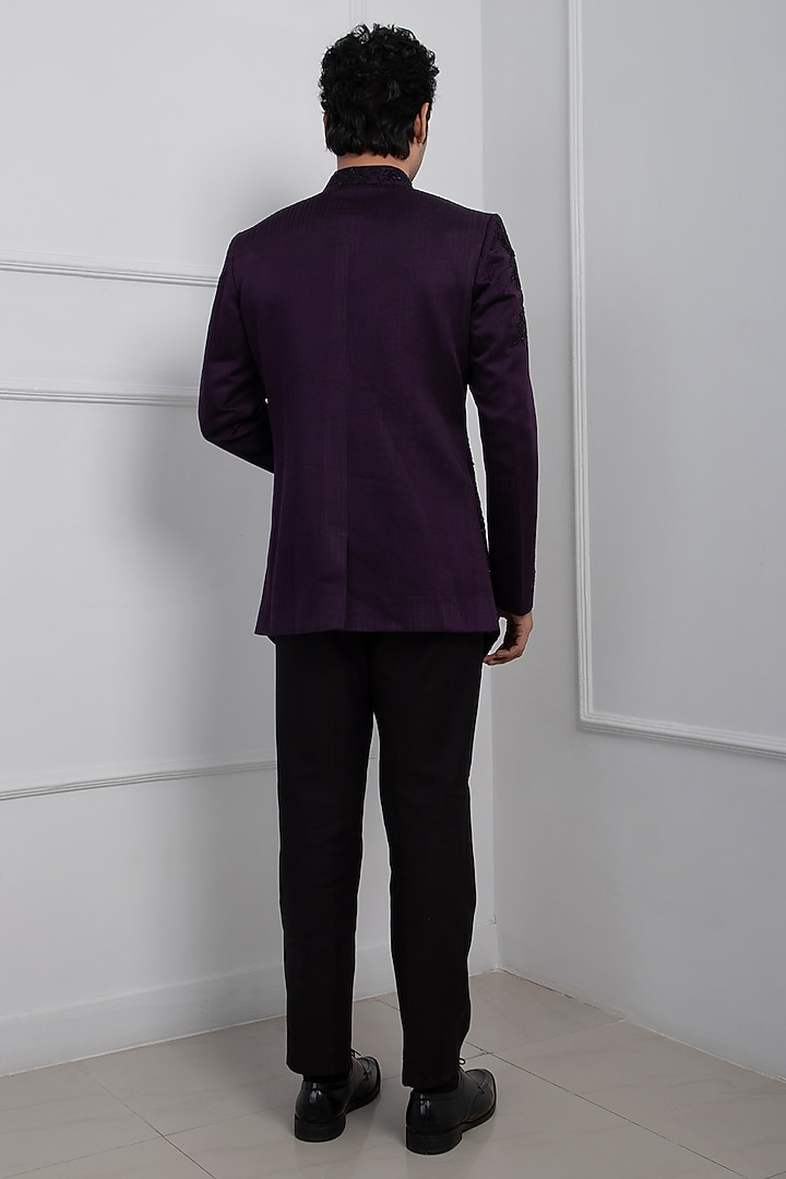 Violet Linen Satin Sequins Embroidered Wedding Bandhgala Set by Smriti by Anju Agarwal Men at Pernia's Pop Up Shop