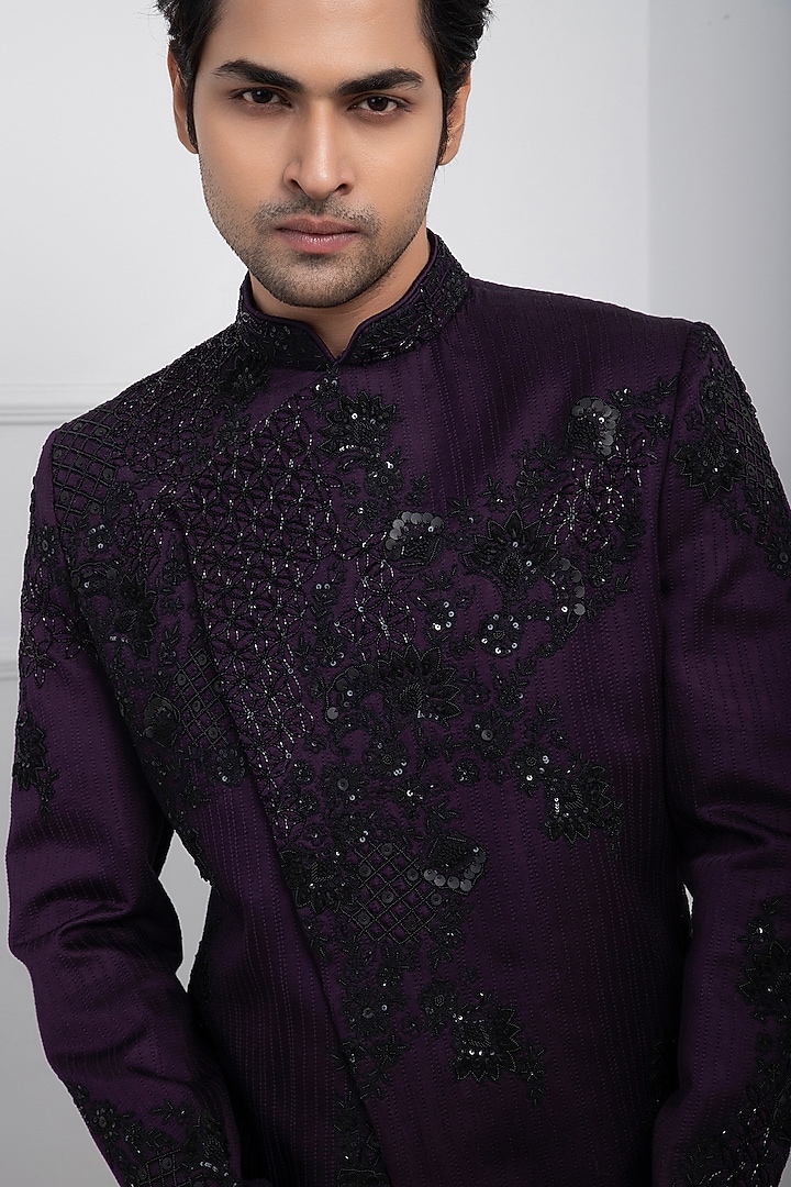 Violet Linen Satin Sequins Embroidered Wedding Bandhgala Set by Smriti by Anju Agarwal Men at Pernia's Pop Up Shop