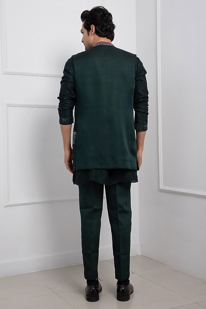 Green Linen Satin Sequins Hand Embellished Nehru Jacket by Smriti by Anju Agarwal Men at Pernia's Pop Up Shop