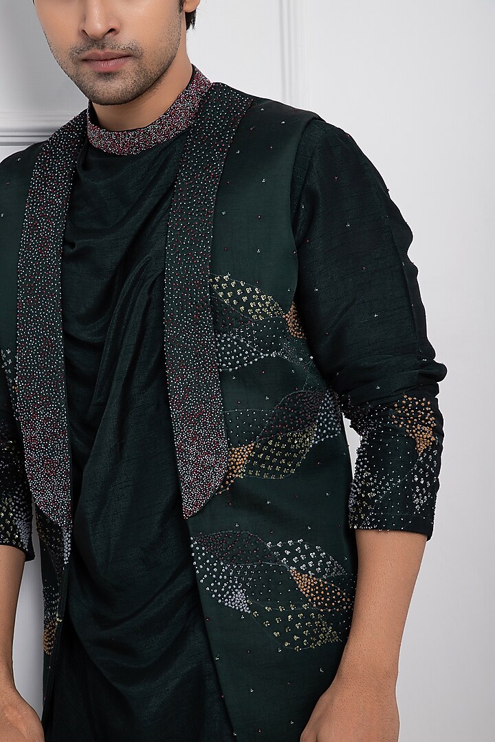 Green Linen Satin Sequins Hand Embellished Nehru Jacket by Smriti by Anju Agarwal Men at Pernia's Pop Up Shop