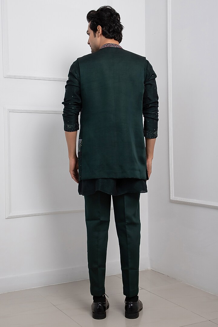Green Linen Satin Sequins Hand Embellished Nehru Jacket Set by Smriti by Anju Agarwal Men at Pernia's Pop Up Shop