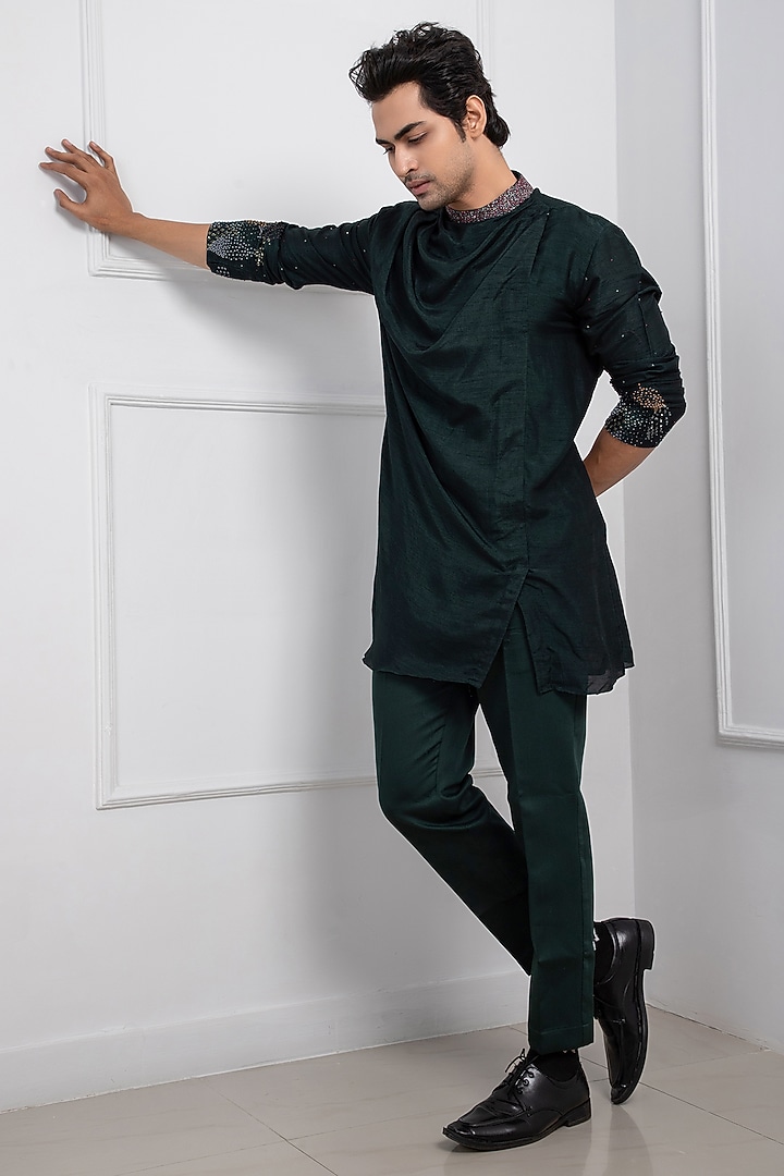 Green Linen Satin Sequins Hand Embellished Nehru Jacket Set by Smriti by Anju Agarwal Men at Pernia's Pop Up Shop