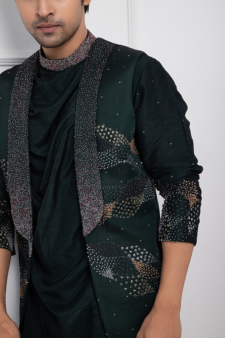 Green Linen Satin Sequins Hand Embellished Nehru Jacket Set by Smriti by Anju Agarwal Men at Pernia's Pop Up Shop