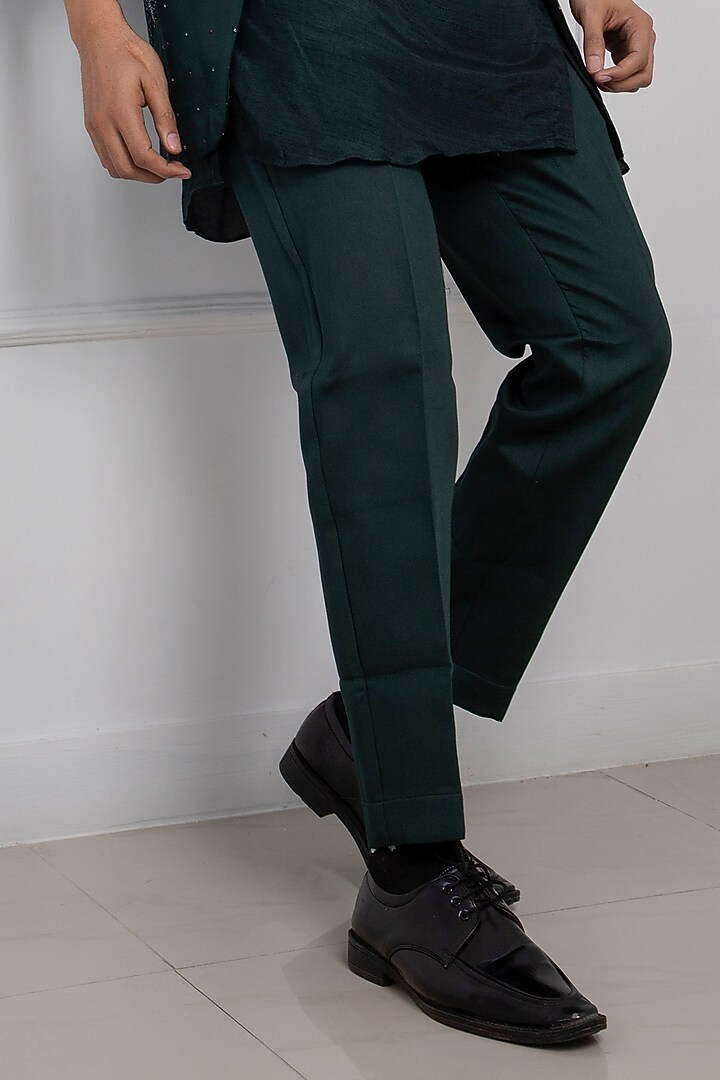 Green Linen Satin Sequins Hand Embellished Nehru Jacket Set by Smriti by Anju Agarwal Men at Pernia's Pop Up Shop