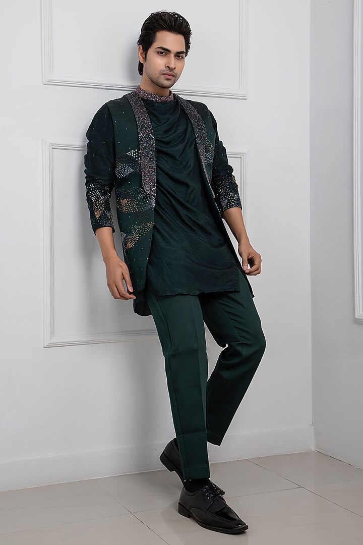 Green Linen Satin Sequins Hand Embellished Nehru Jacket Set by Smriti by Anju Agarwal Men at Pernia's Pop Up Shop