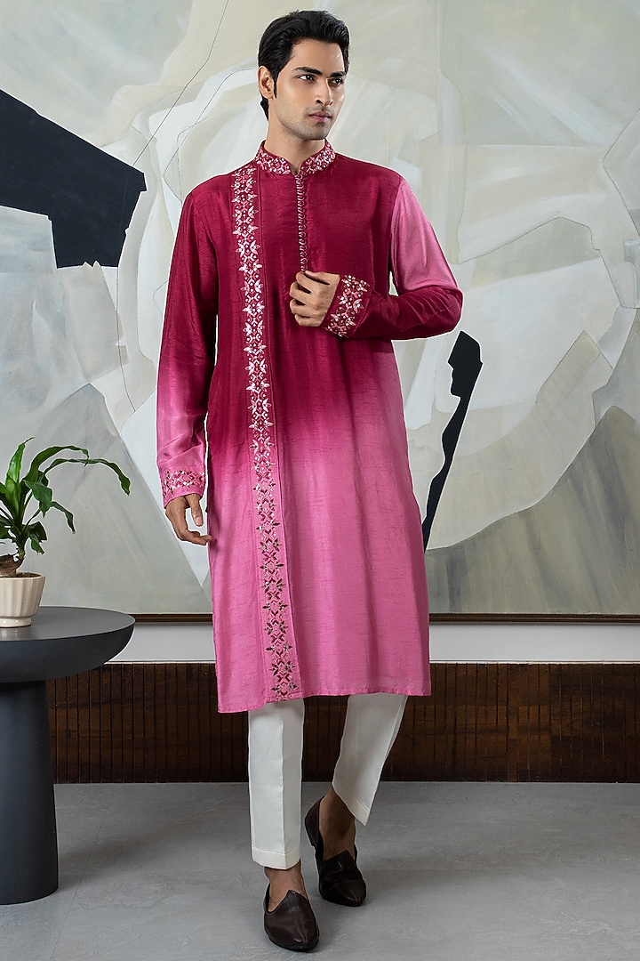 Maroon Ombre Silk Embroidered Kurta Set by Smriti By Anju Agarwal Men at Pernia's Pop Up Shop