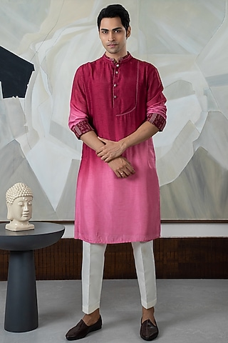 Maroon Ombre Silk Printed Kurta Set by Smriti By Anju Agarwal Men