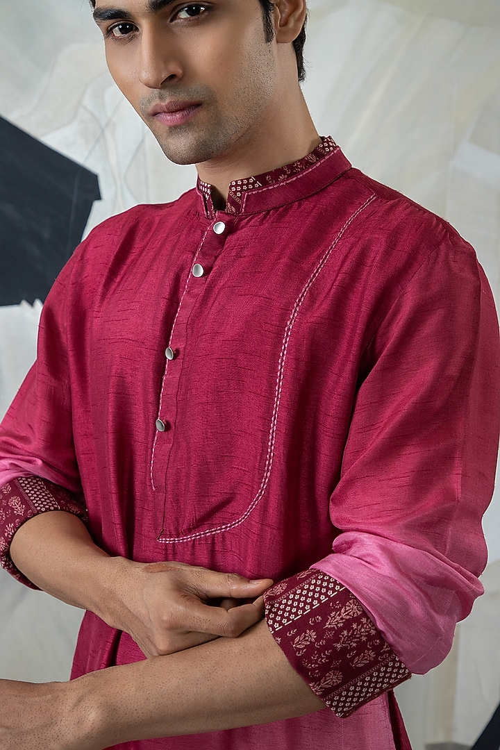 Maroon Ombre Silk Printed Kurta Set by Smriti By Anju Agarwal Men at Pernia's Pop Up Shop