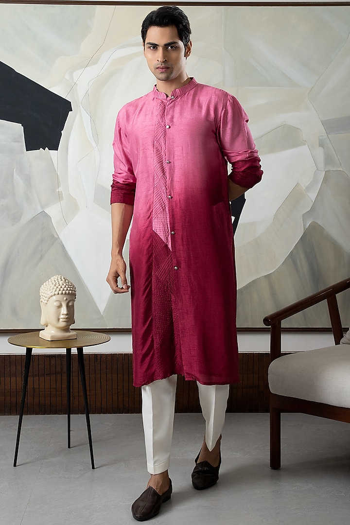 Maroon Ombre Silk Kurta Set by Smriti By Anju Agarwal Men at Pernia's Pop Up Shop