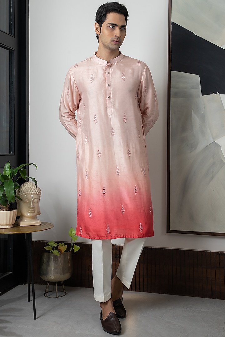 Peach & Pink Ombre Silk Embroidered Kurta Set by Smriti By Anju Agarwal Men